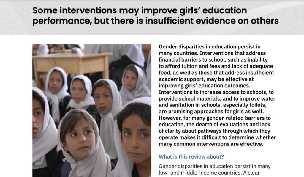 Policies and interventions to remove gender‐related barriers to girls’ school participation and learning in LMICs: A systematic review of the evidence